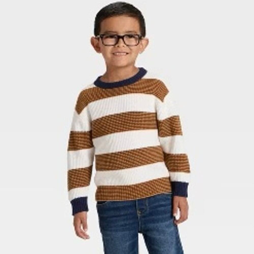 🧺 5 for $25 Sale Cat & Jack Toddler Boy Stripe Waffle Knit Sweater 3T White Tan
